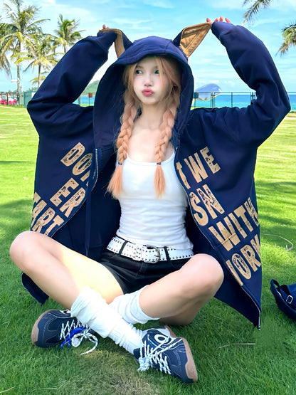 American Doberman Hoodie Autumn-Winter Zip-Up Pullover Heavyweight Letter Print Top