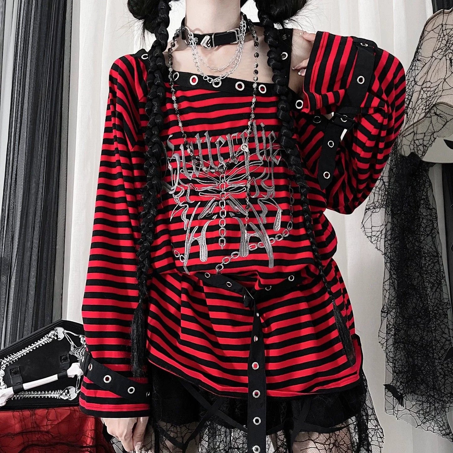 Blue Subculture Punk Y2K E-girl Retro Virtual Disc Print Stripe Oversized Off-Shoulder Long-Sleeve Top