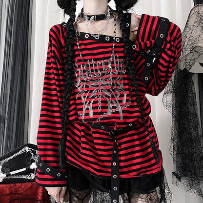 Blue Subculture Punk Y2K E-girl Retro Virtual Disc Print Stripe Oversized Off-Shoulder Long-Sleeve Top