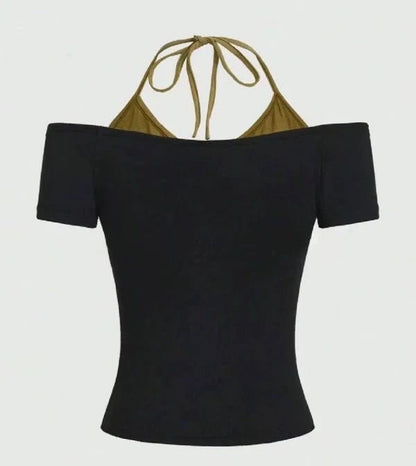 Black American Vintage Butterfly Print Fake Two-Piece Y2K T-Shirt