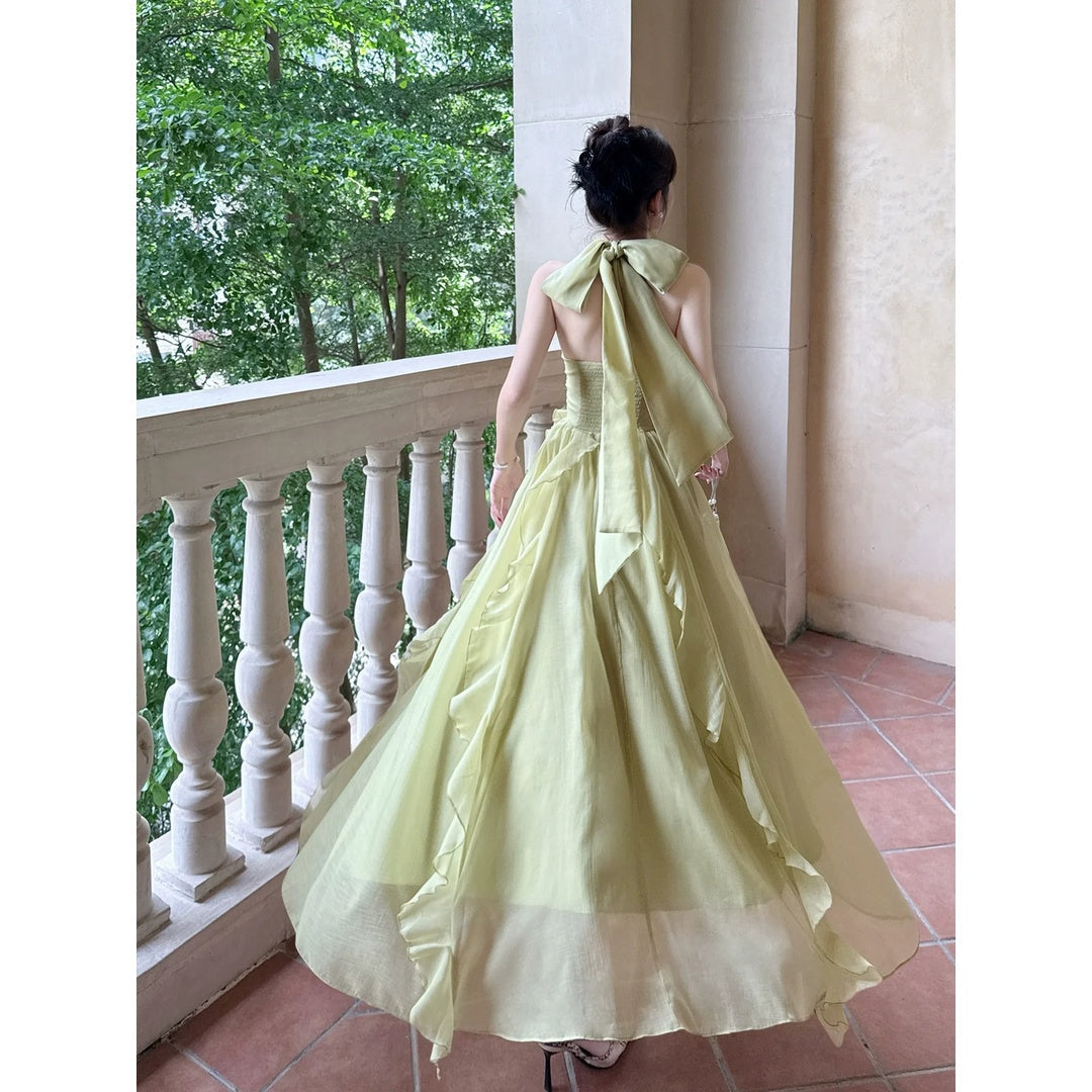 French Holiday Ruffle Halter Tulle Gown Dress
