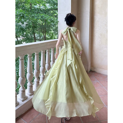 French Holiday Ruffle Halter Tulle Gown Dress