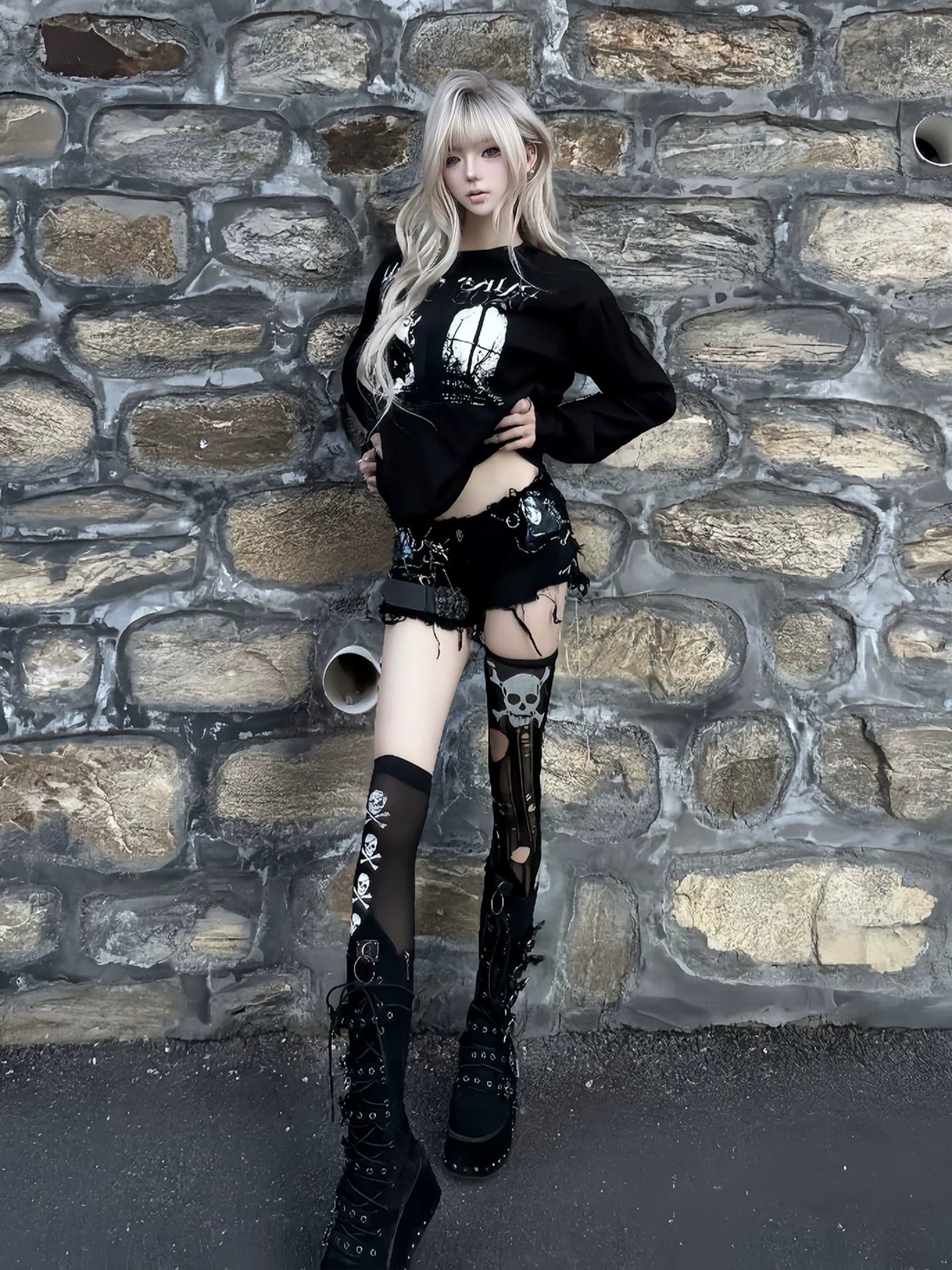 Punk Visual Kei Sheer Snowflake Henley Long Sleeve Layered Top