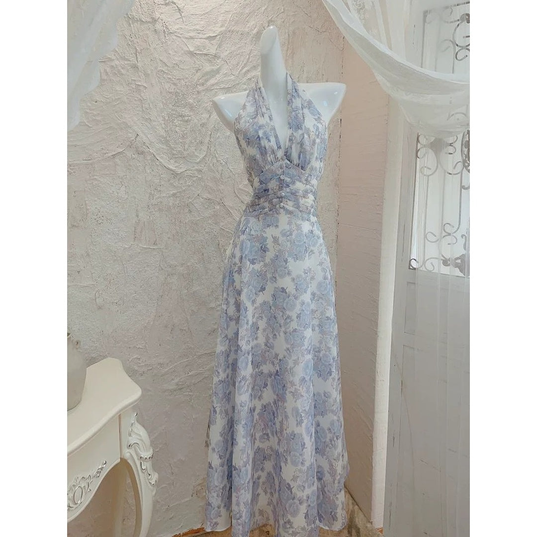Halter Floral Print Ruffle Waist Gown Dress
