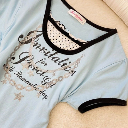 Blue Panel Polka Dot Vintage Fake Two-Piece Y2K T-Shirt