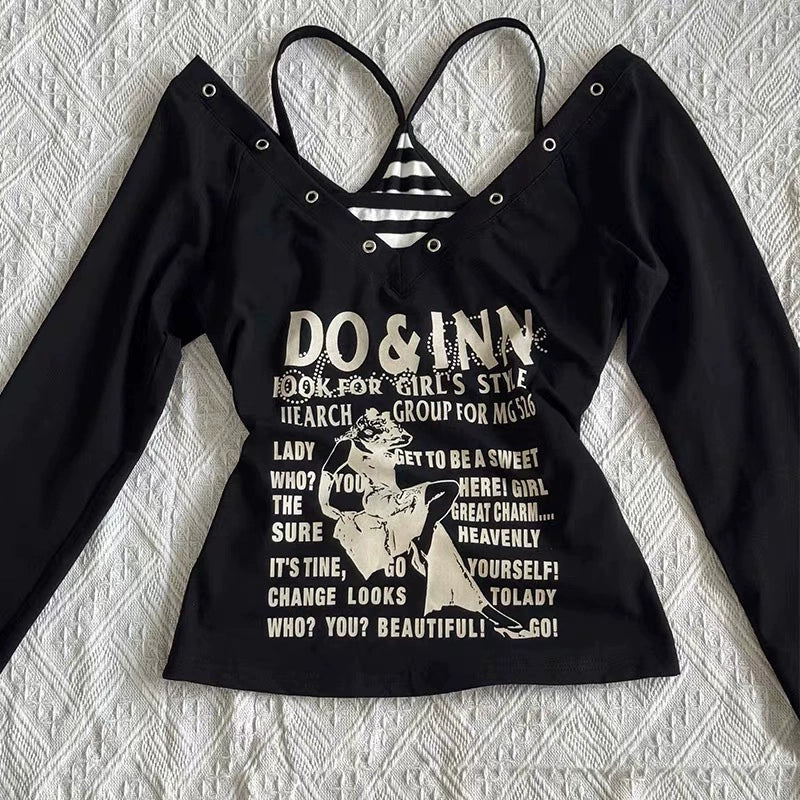 Black Long-Sleeve and Stripe Camisole Y2K Two Pieces Sets