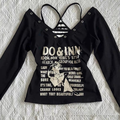 Black Long-Sleeve and Stripe Camisole Y2K Two Pieces Sets