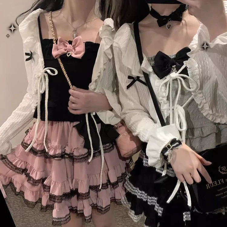 Black [With Free White Bow Subculture Y2K E-girl Sweet & Cool Multi-Layer Lace Cake Skirt High-Waisted Short Fluffy Skirt