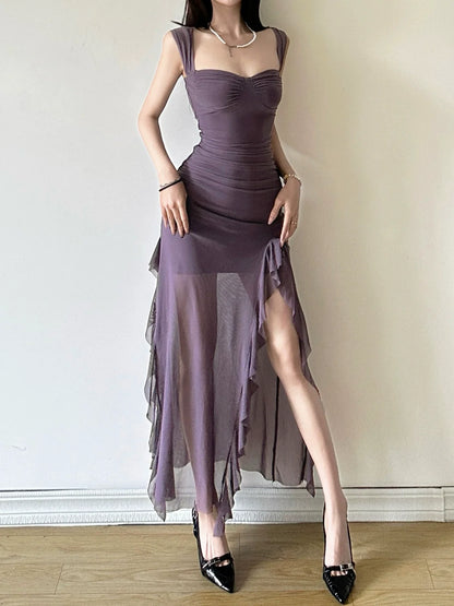 Soft Sexy Ruffle-Paneled Waist-Cinched High-Slit Maxi Dress