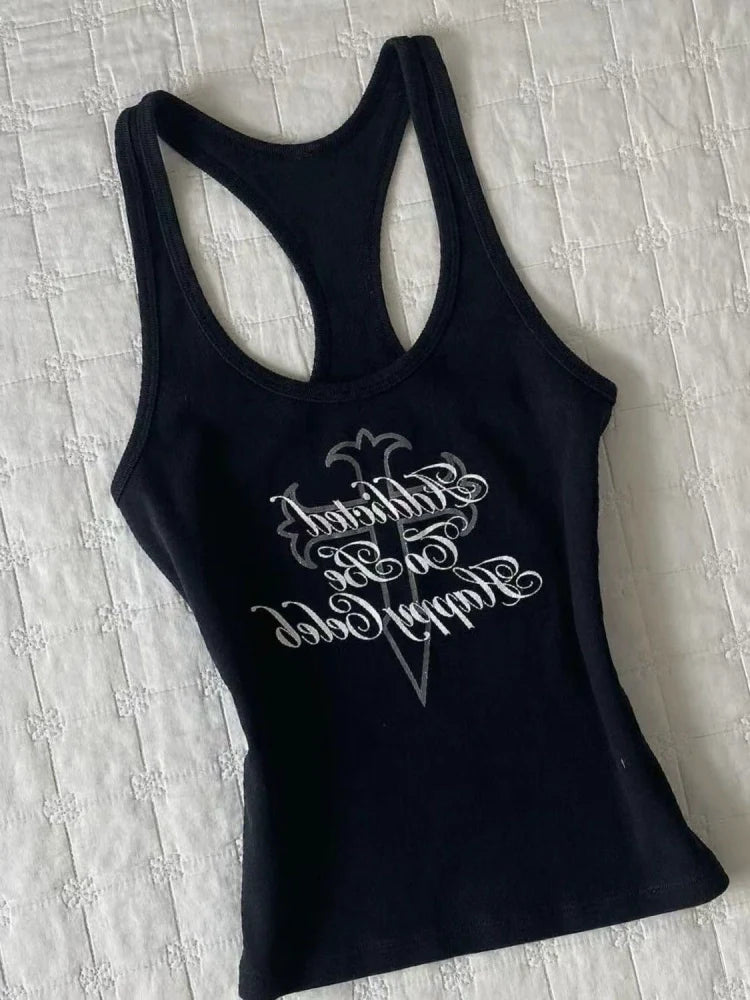 Black American Vintage Letter Print Slim Y2K Tank Top