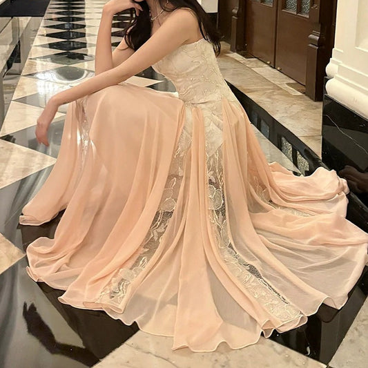 French Lace Embroidered Mesh Gown Dress