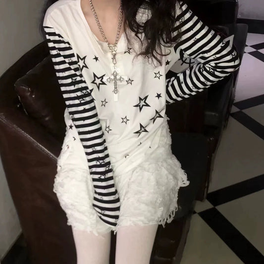 White & Plaid Rivet Skirt Set Subculture Punk Y2K Stripe Star Print Irregular Long Sleeve Top Set