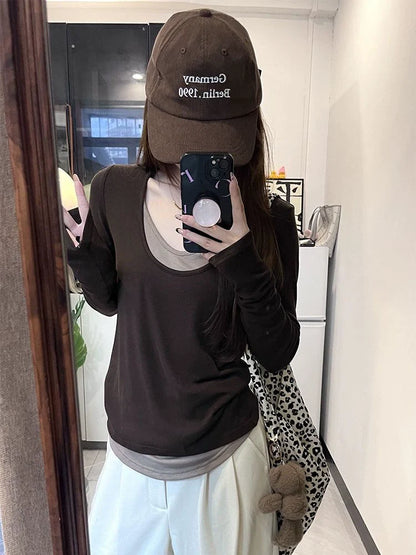 Coffee Fake Two-Piece Subculture Y2K E-girl Light Subculture Vintage Retro Long Sleeve Top