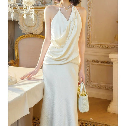 French Satin Halter Neck Pearl Waist Holiday Bodycon Gown Dress