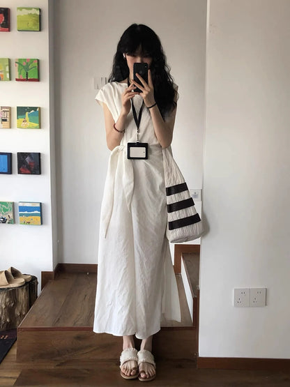 White Cinched-Waist Tank Dress