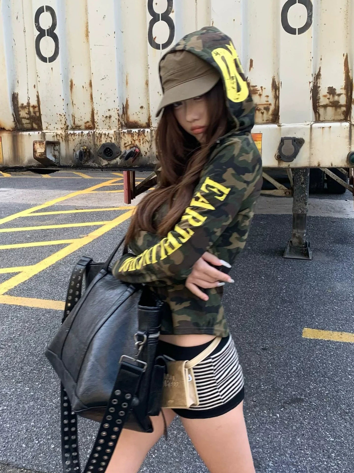 American Camo Hooded Long Sleeve Tee Slim Fit Street Layering Top