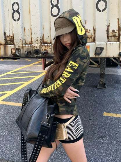 American Camo Hooded Long Sleeve Tee Slim Fit Street Layering Top