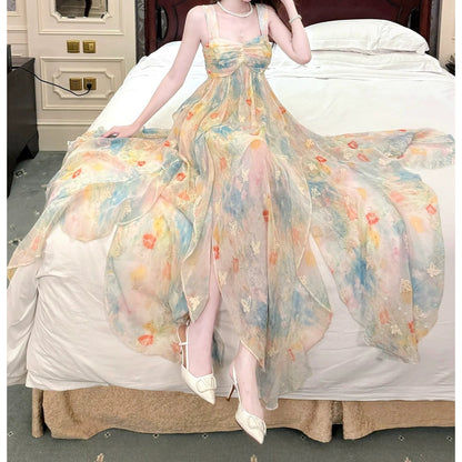 French Ruffle Butterfly Embroidered Spaghetti Strap Gown Dress