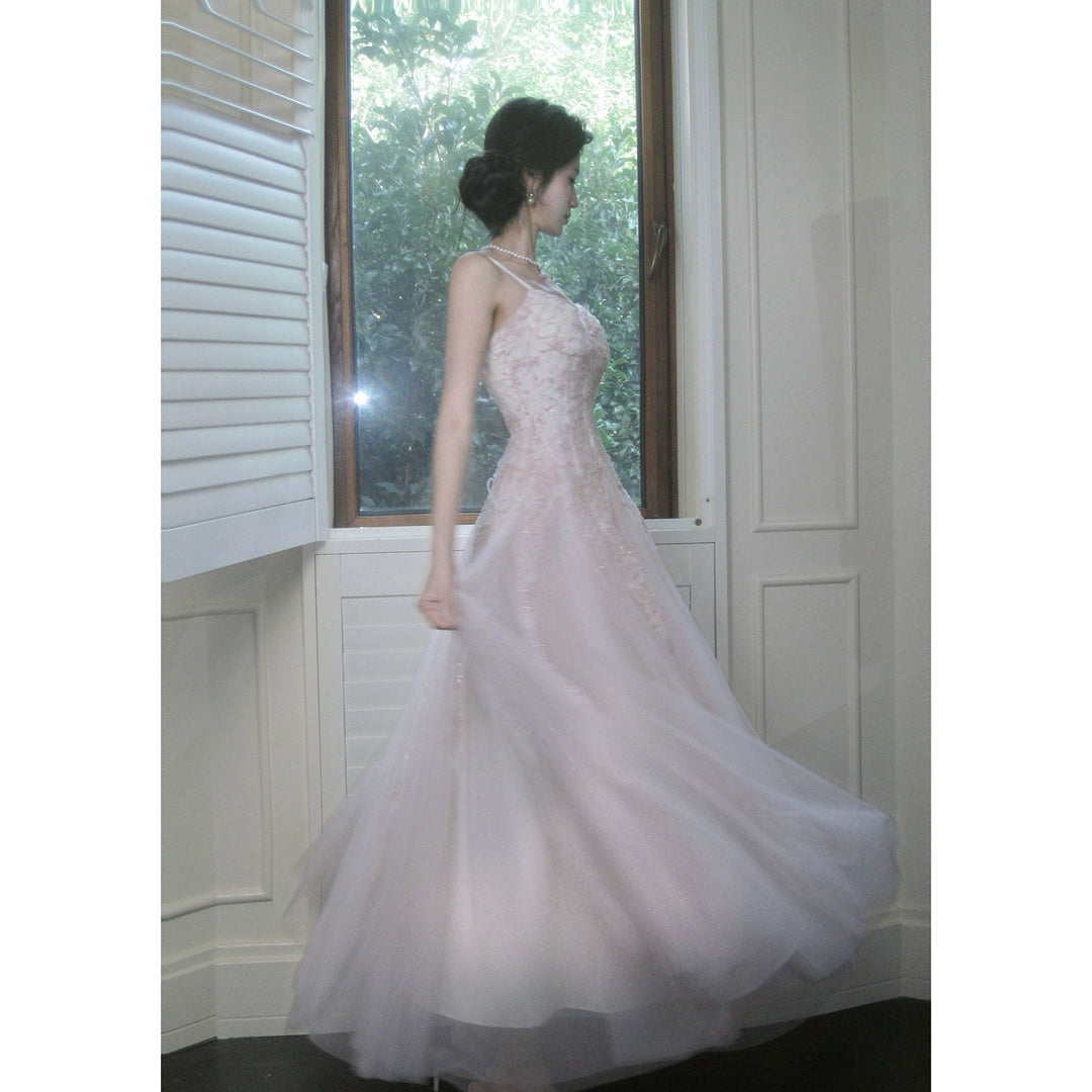 French Pink Chiffon Lace Gown Dress