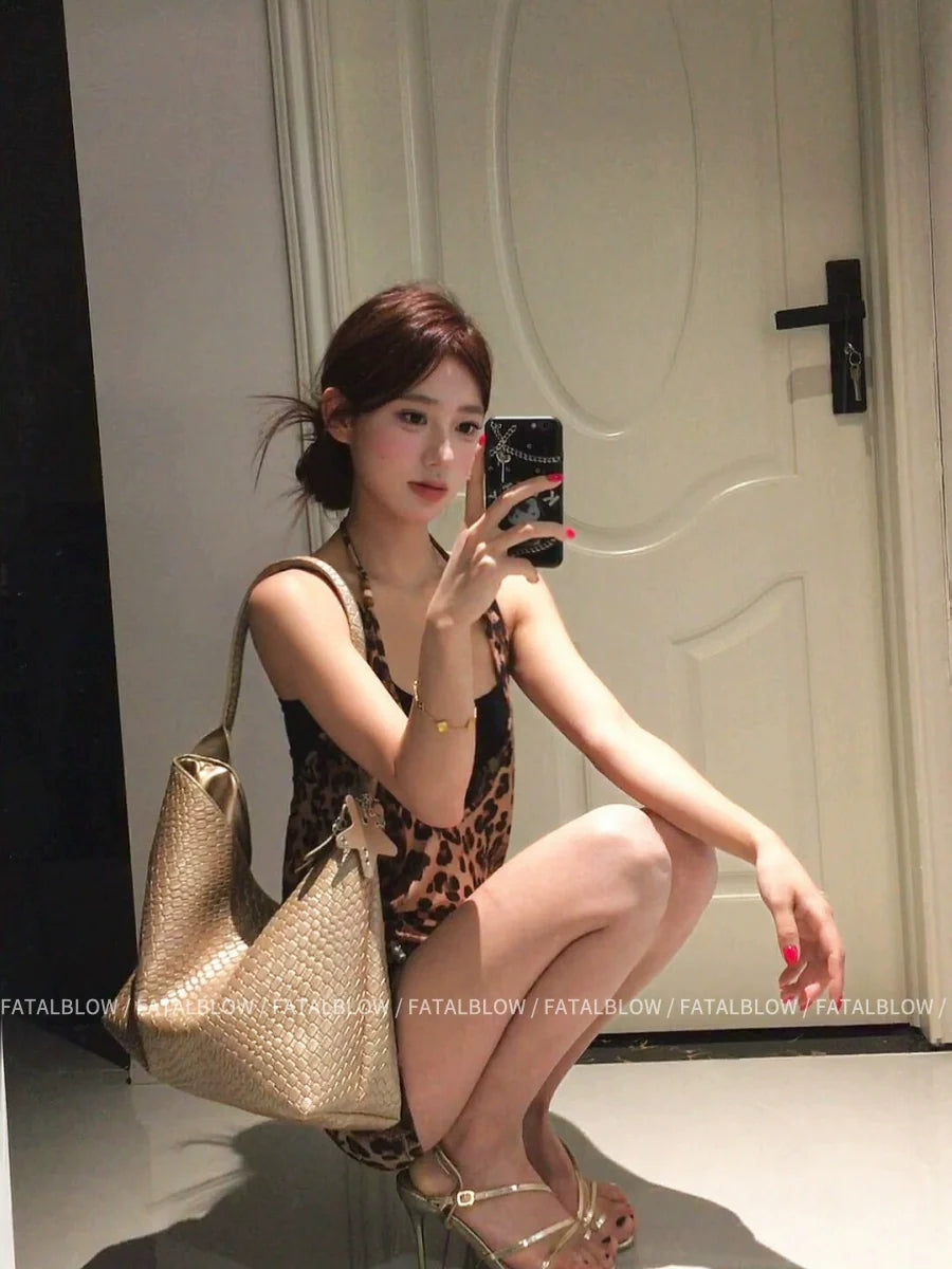 Fake Two-Piece Leopard Print Halter Spaghetti-Strap Mini Dress