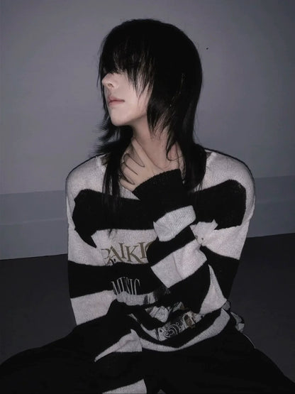 Visual Kei Black & White Striped Sweater Autumn-Winter Portrait Print Knit Top