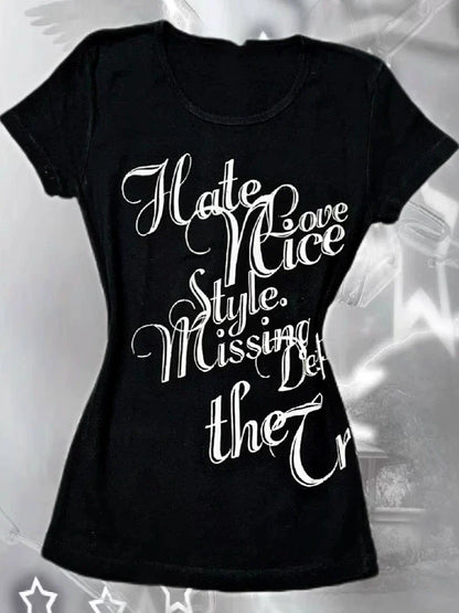 Black Subculture Punk Y2K E-girl Shibuya Girl Abi Vintage Print Slim Light Subculture Short Sleeve Top