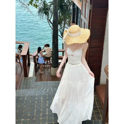 French White High-End Spaghetti Strap Resort Gown Dress