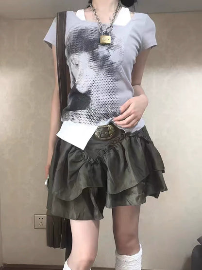 Portrait Print Punk Y2K E-girl Retro Fake Two-Piece Slim-Fit Short Sleeve Top