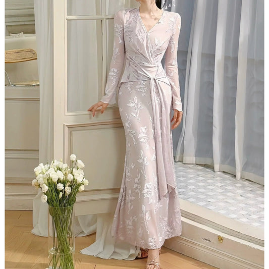 Vintage Purple Jacquard Long Sleeve Mermaid Gown Dress