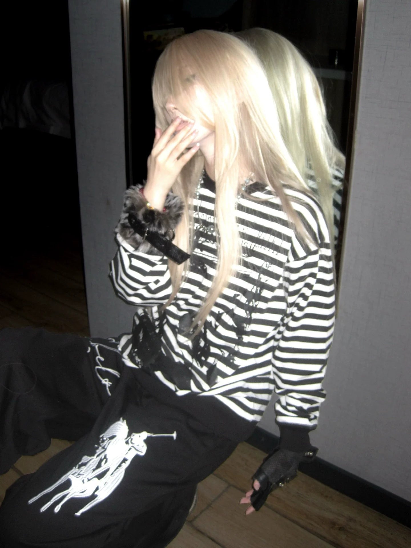 Y2K Visual Kei Black and White Striped Portrait Print Long Sleeve Top