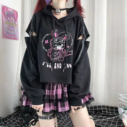 Black Cutout Hoodie And Lace Plaid Cake Skirt Set Y2K Two-Piece Set