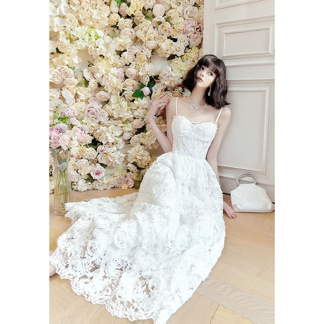 French Rose Lace Embroidered Spaghetti Strap Mermaid Gown Dress