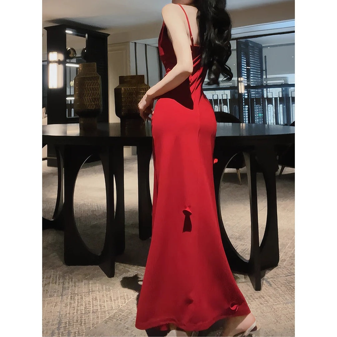 French Draped Spaghetti Strap Beach Resort Gown Dress – Waist-Fitted Dress