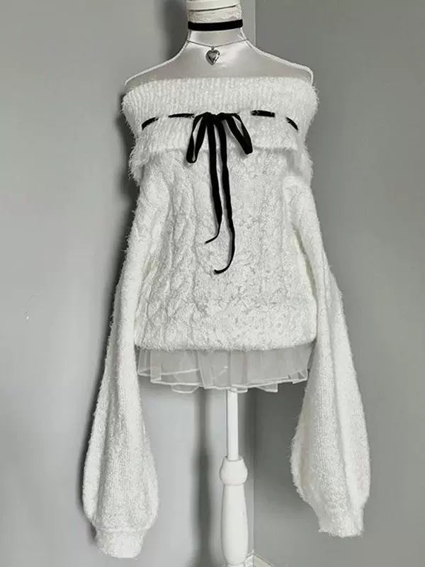 White Y2K Retro Tie-Collar Off-The-Shoulder Sweater