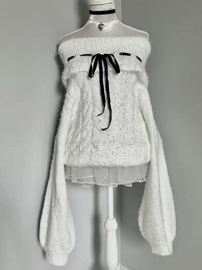 White Y2K Retro Tie-Collar Off-The-Shoulder Sweater
