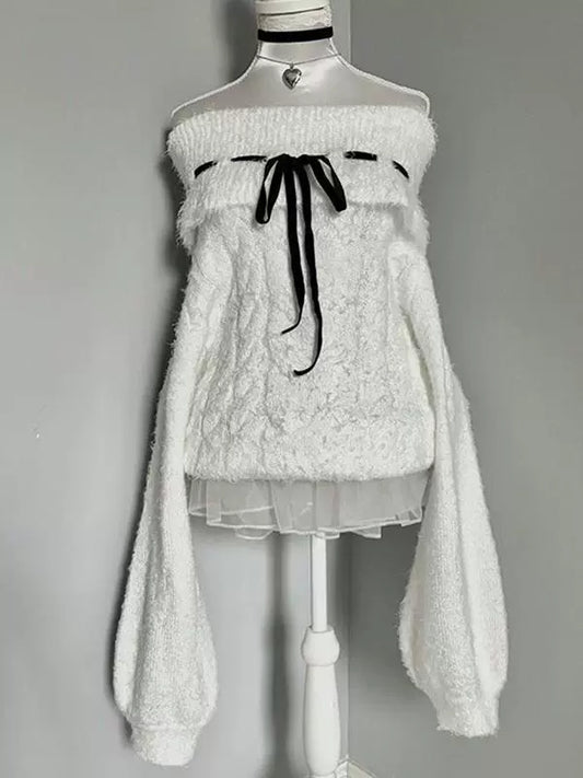 White Y2K Retro Tie-Collar Off-The-Shoulder Sweater