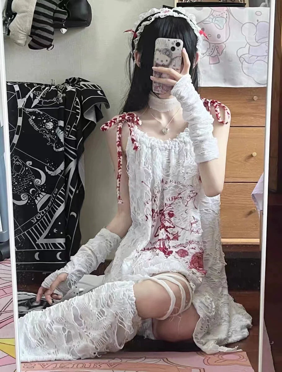 Dress [With Arm Sleeves + Leg Warmers] Subculture Y2K E-girl Toothache Angel Drawstring Textured Camisole Dress