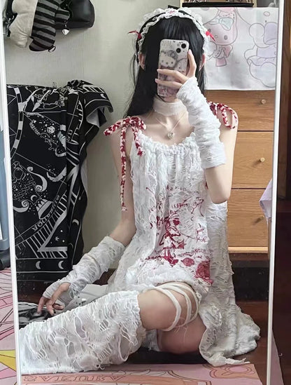 Dress [With Arm Sleeves + Leg Warmers] Subculture Y2K E-girl Toothache Angel Drawstring Textured Camisole Dress