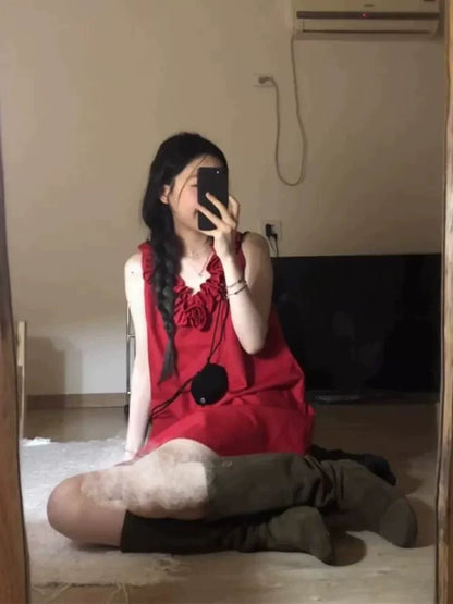 Red French-Inspired Sleeveless Mini Dress With 3D Rose Details