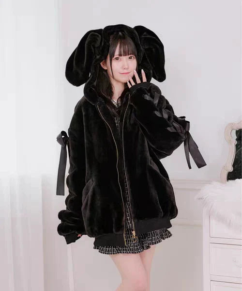 Soft Girl Bunny Ear Faux Fur Coat Y2K