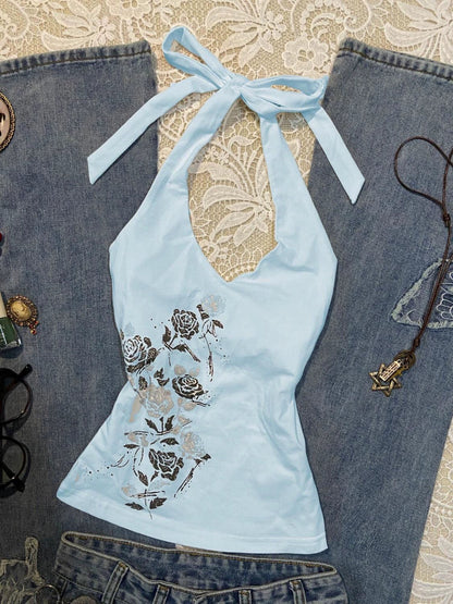 Blue American Vintage Rose Print Halter Y2K Tank Top