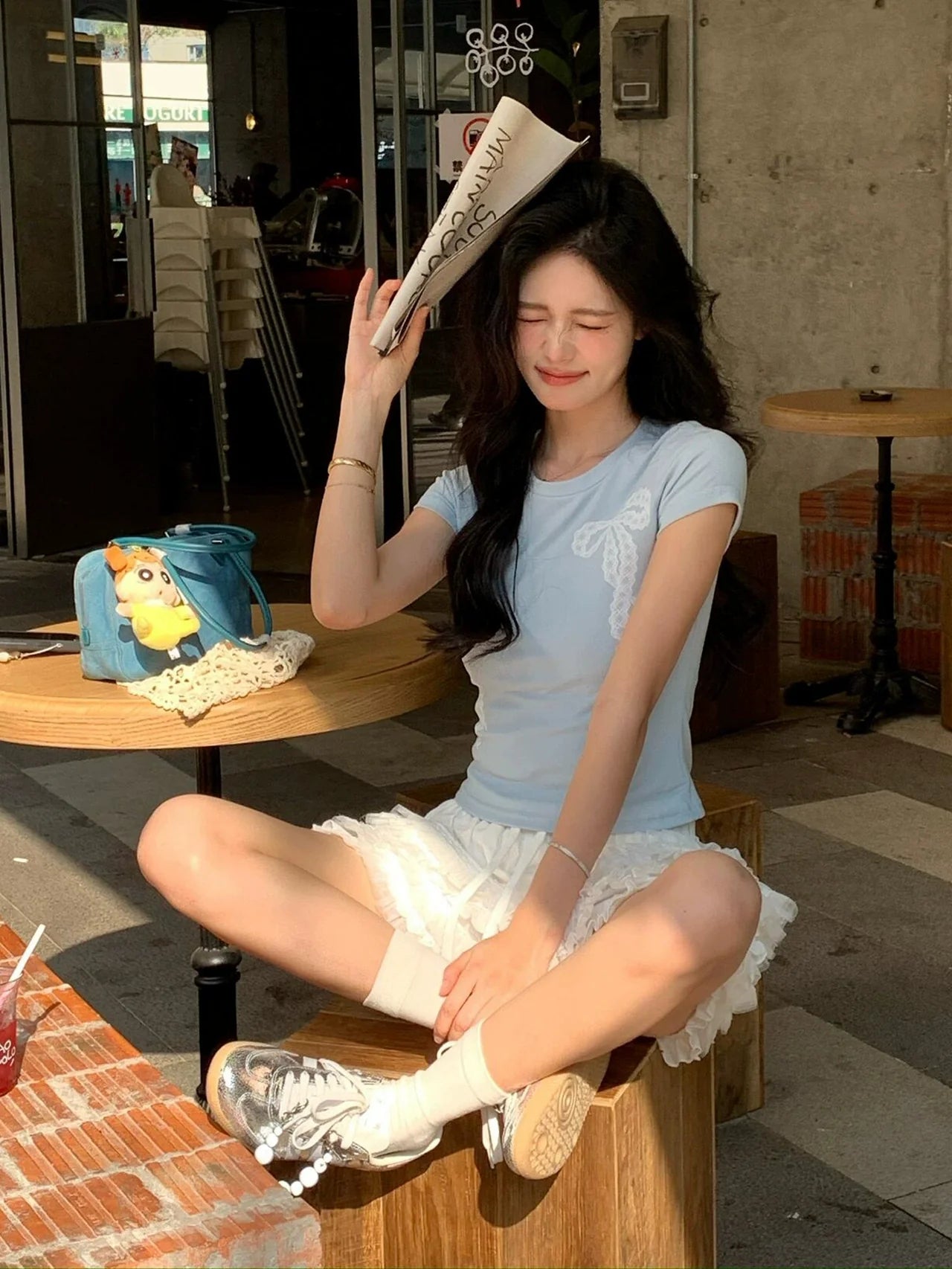 Bow Print Fitted Short Sleeve Tee Structured Shoulder Cotton Cropped Top Y2K Aesthetic