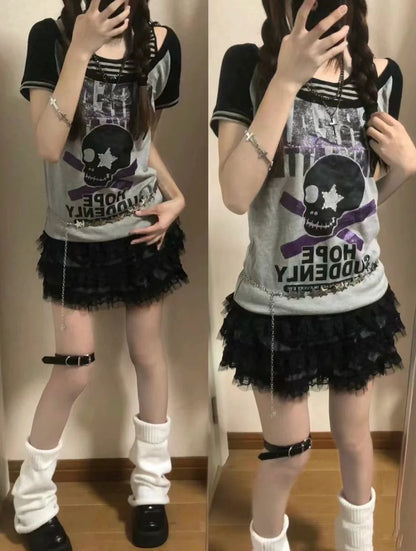 Gray Subculture Punk Y2K E-girl Shibuya Girl Fake Two-Piece Skull Hooded Short Sleeve Top