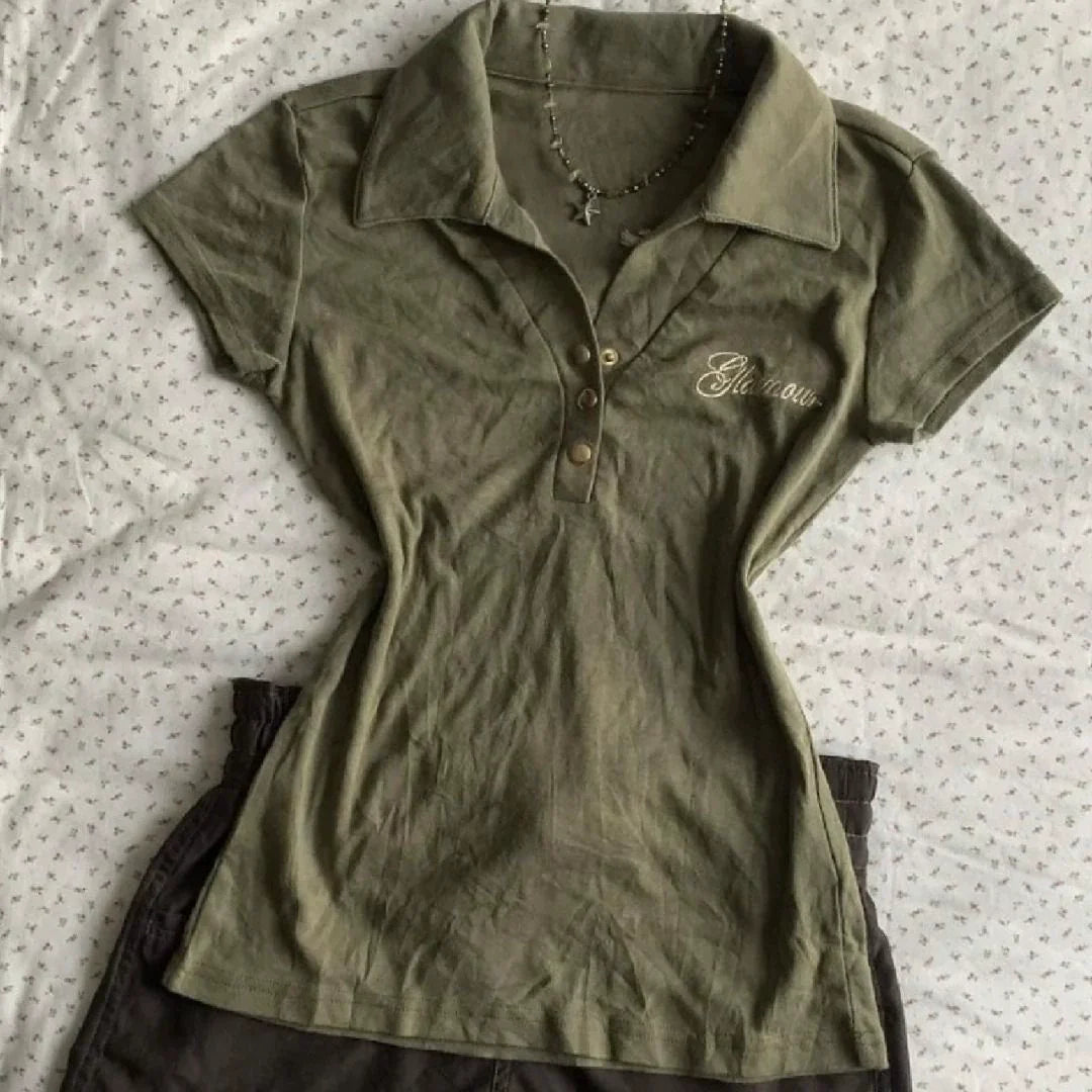 Army Green Subculture Y2K Abi E-girl American Retro Polo-Collar Short Sleeve Top