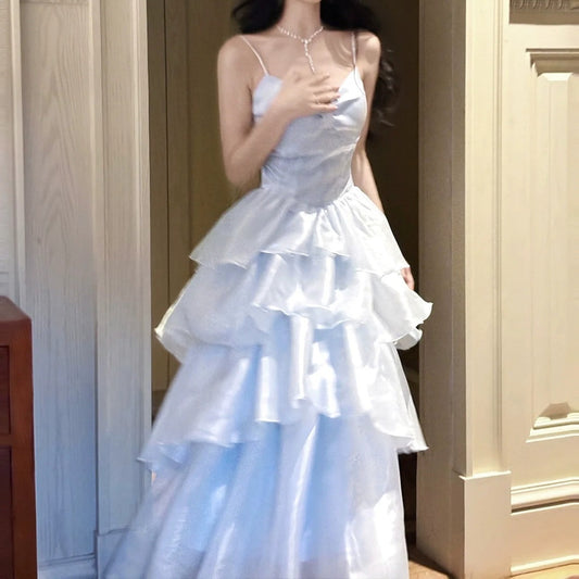 French Blue Slim Tank Dress Birthday Party Gown