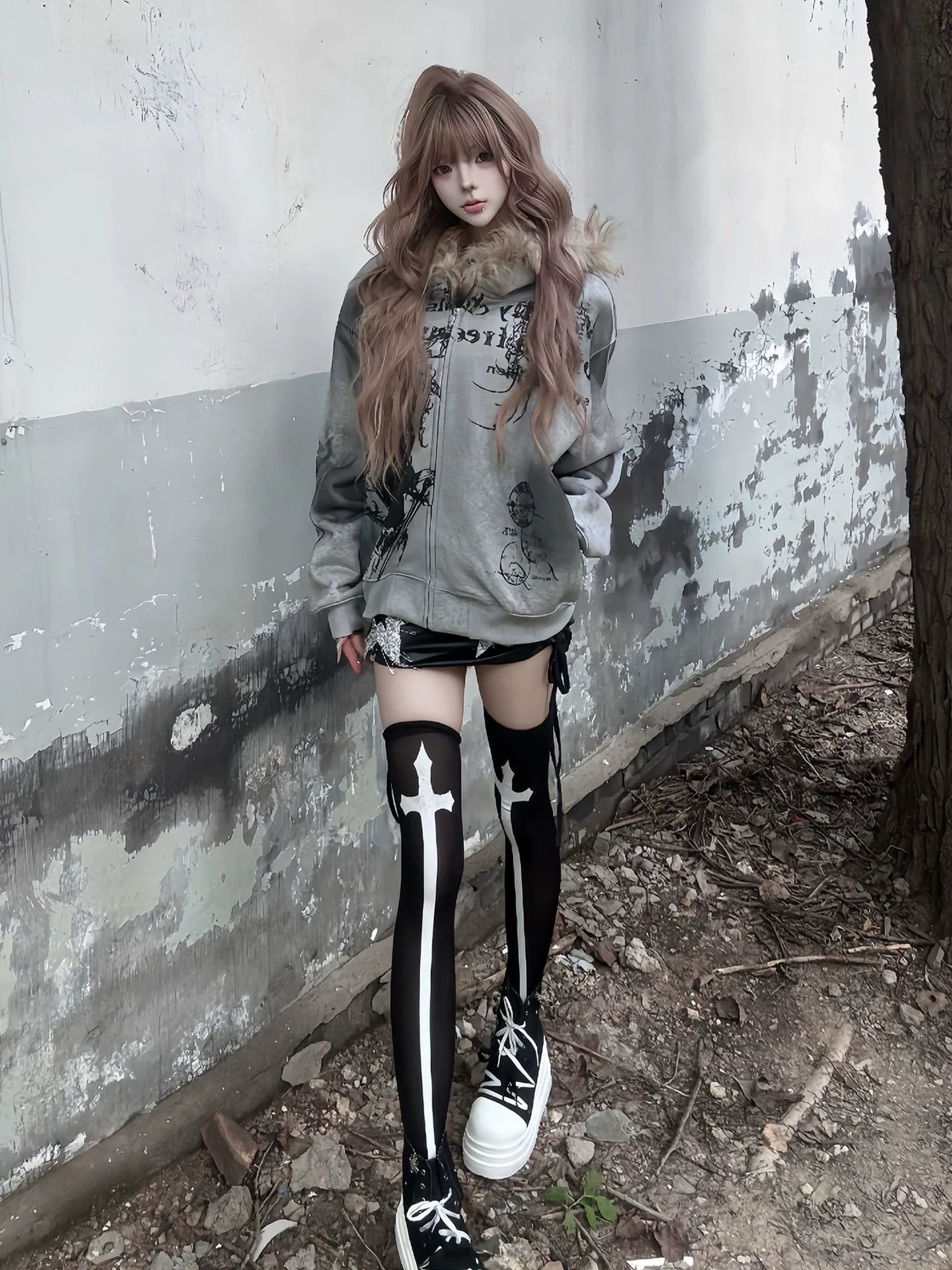 Y2K Fur Collar Zip Hoodie Subculture Street Cropped Jacket