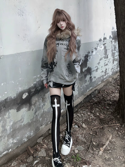 Y2K Fur Collar Zip Hoodie Subculture Street Cropped Jacket