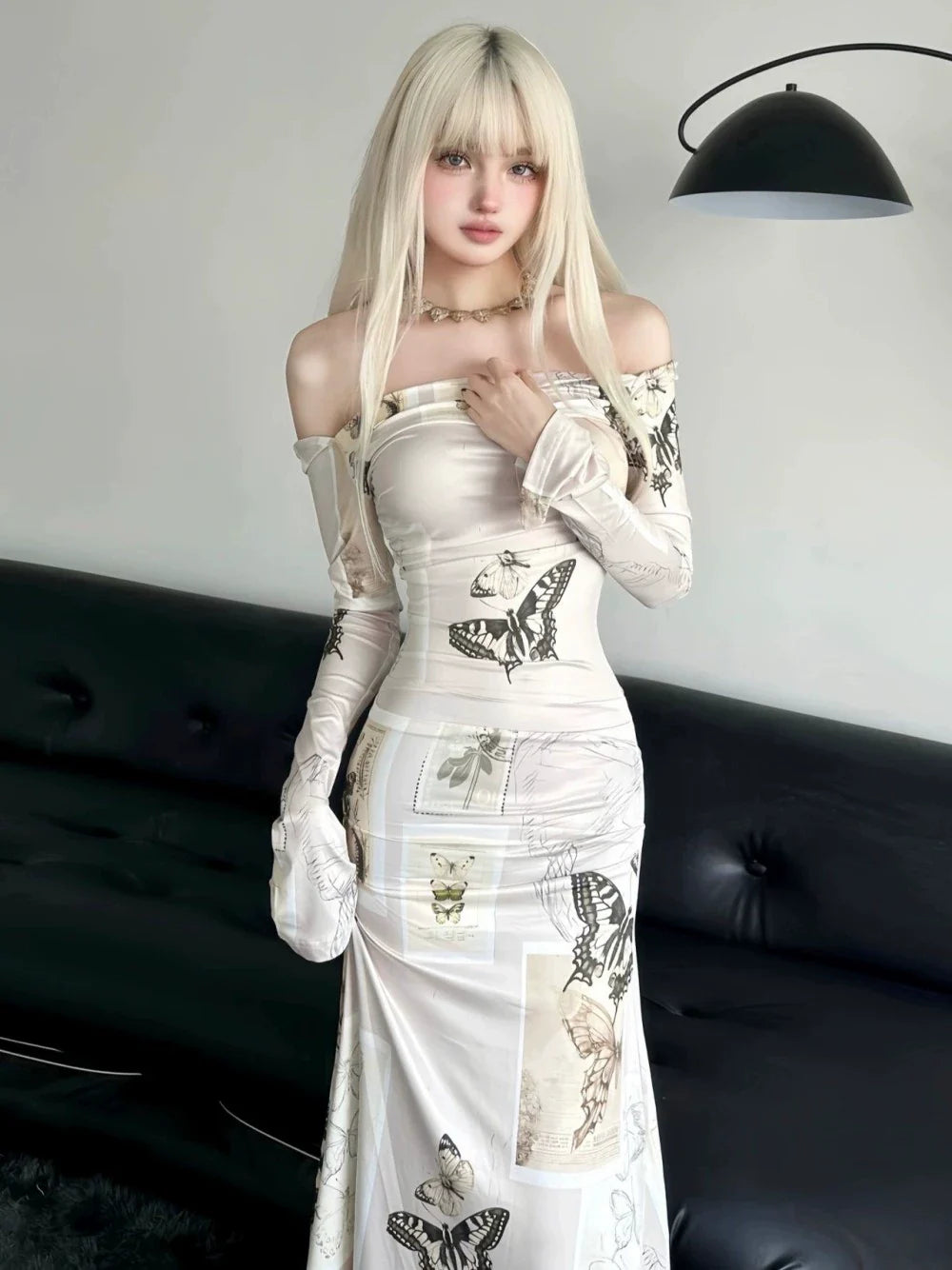 Off-Shoulder Butterfly Print Long-Sleeve Bodycon Midi Dress