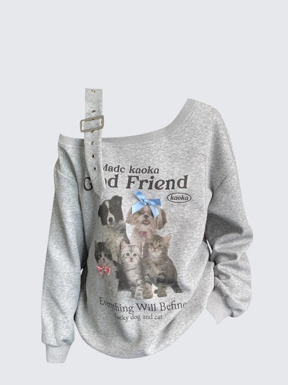 Retro Dog Print Off Shoulder Sweatshirt
