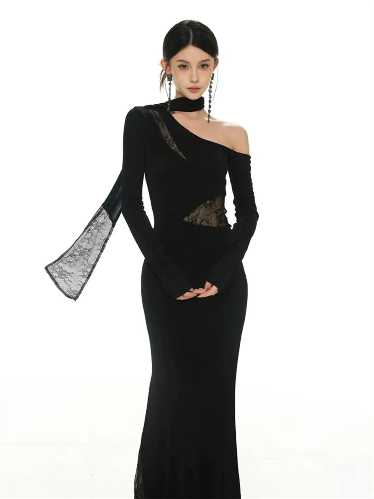 Black Shimmering Lace-Paneled Off-The-Shoulder Slim-Fit Knit Evening Dress